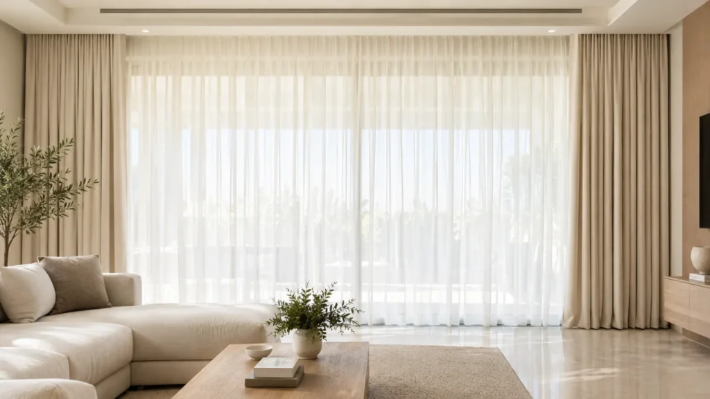 White blackout curtains with a sheer layer in a Dubai living room
